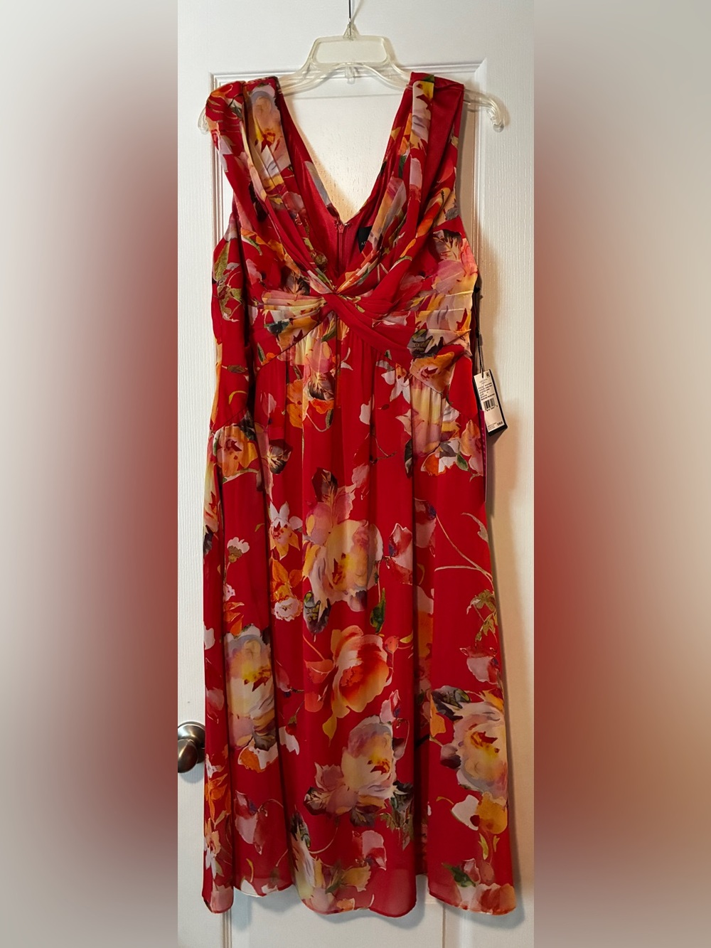 Adrianna Papell Coral Floral Twist-Front Midi Dress